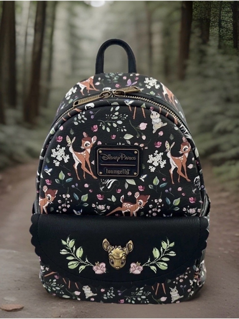 NEW w Tags Disney Parks BAMBI Loungefly Backpack 2025 Black & AOP Forest Friends